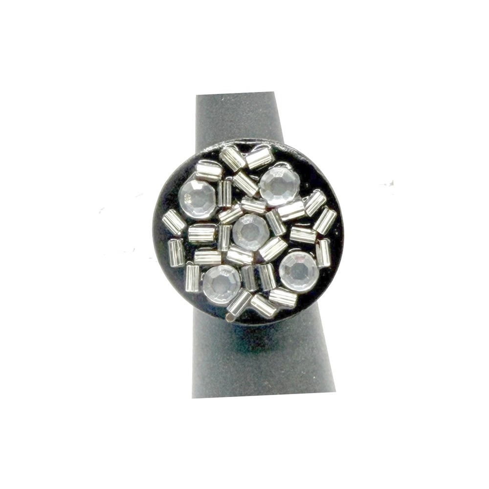 Black‎ Rhinestone Cluster Dome Ring Adjustable Silver Tone Statement Ring